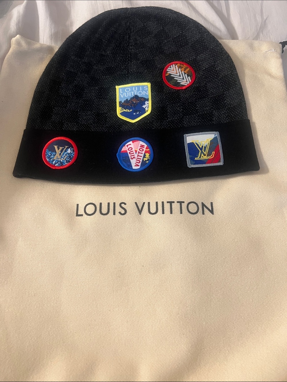 Louis Vuitton Black Monogram Beanie with Multicolor Patch Accents